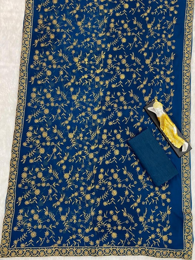 Navy blue georgette heavy embroidered wedding saree