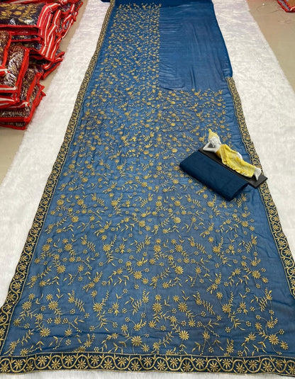 Navy blue georgette heavy embroidered wedding saree