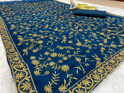 Navy blue georgette heavy embroidered wedding saree