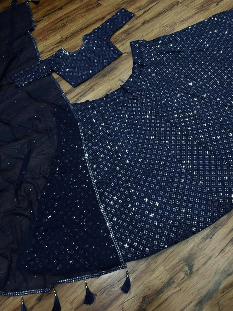 Navy blue georgette heavy sequence embroidery work wedding lehenga choli