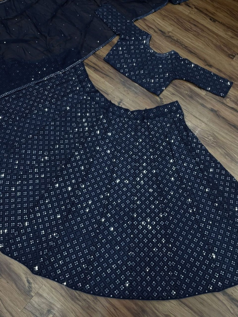 Navy blue georgette heavy sequence embroidery work wedding lehenga choli