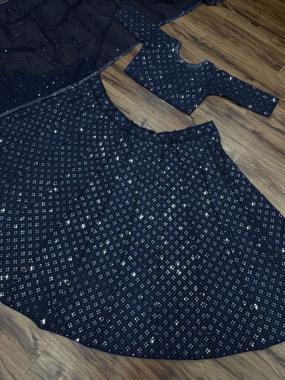 Navy blue georgette heavy sequence embroidery work wedding lehenga choli