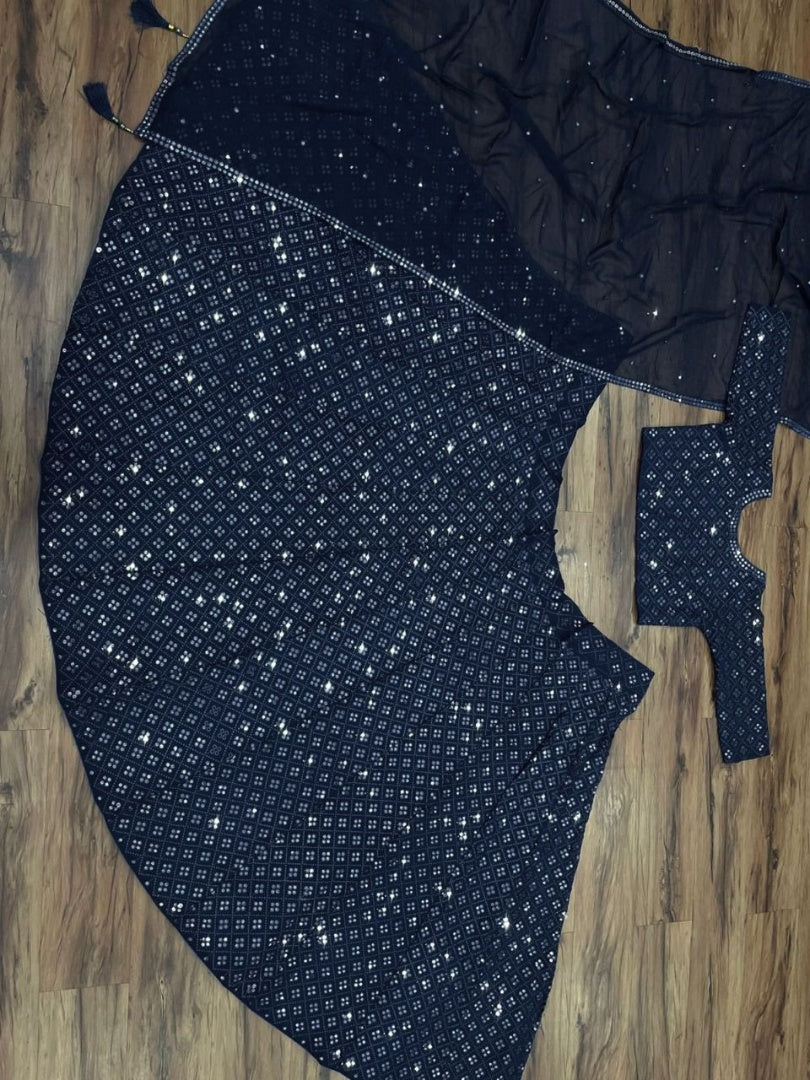 Navy blue georgette heavy sequence embroidery work wedding lehenga choli