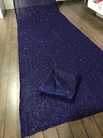 Navy blue georgette heavy sequence work partywear saree