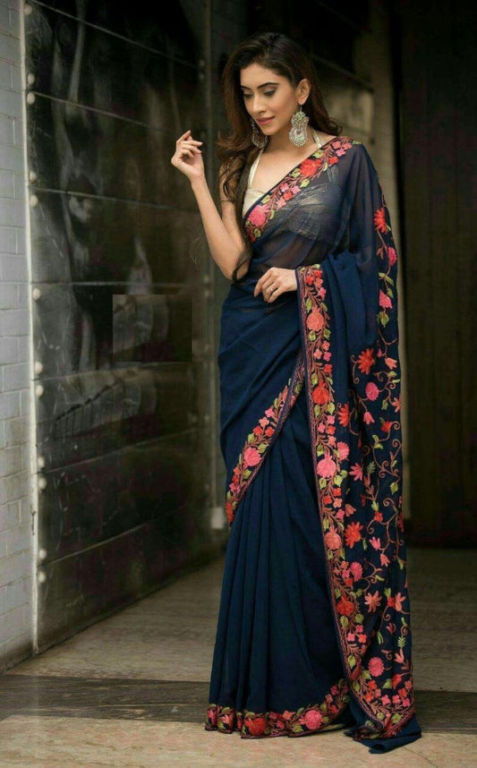 Navy blue georgette heavy thread embroidered pallu saree