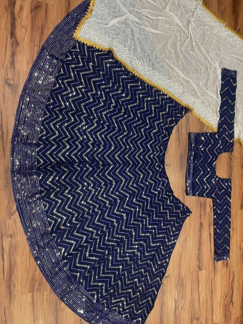 Navy blue georgette heavy thread sequence embroidered wedding lehenga choli