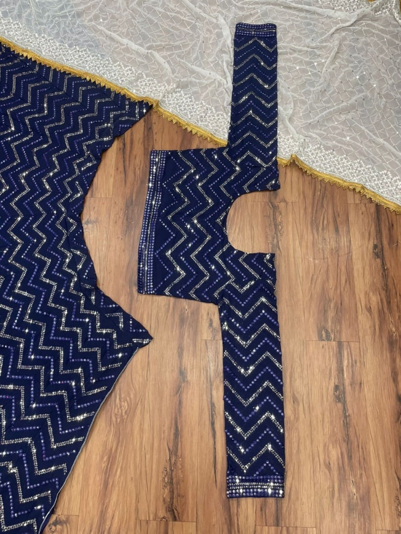 Navy blue georgette heavy thread sequence embroidered wedding lehenga choli