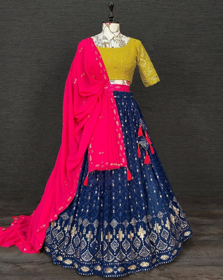 Navy blue georgette heavy thread sequence embroidery work lehenga choli