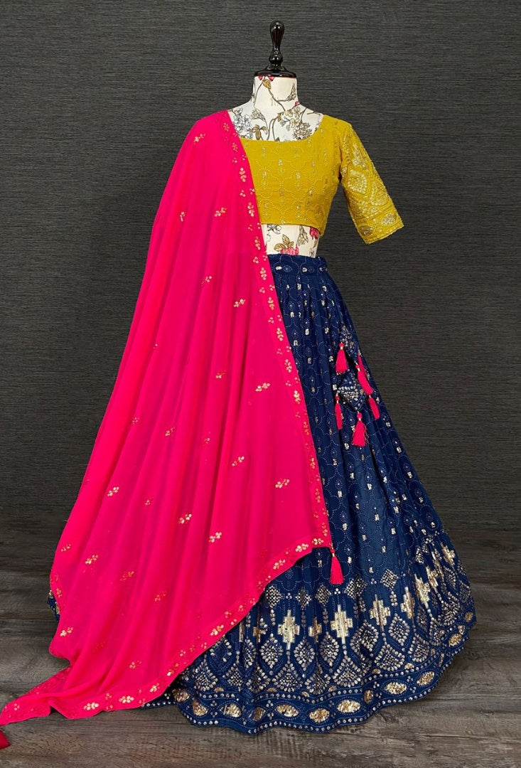 Navy blue georgette heavy thread sequence embroidery work lehenga choli