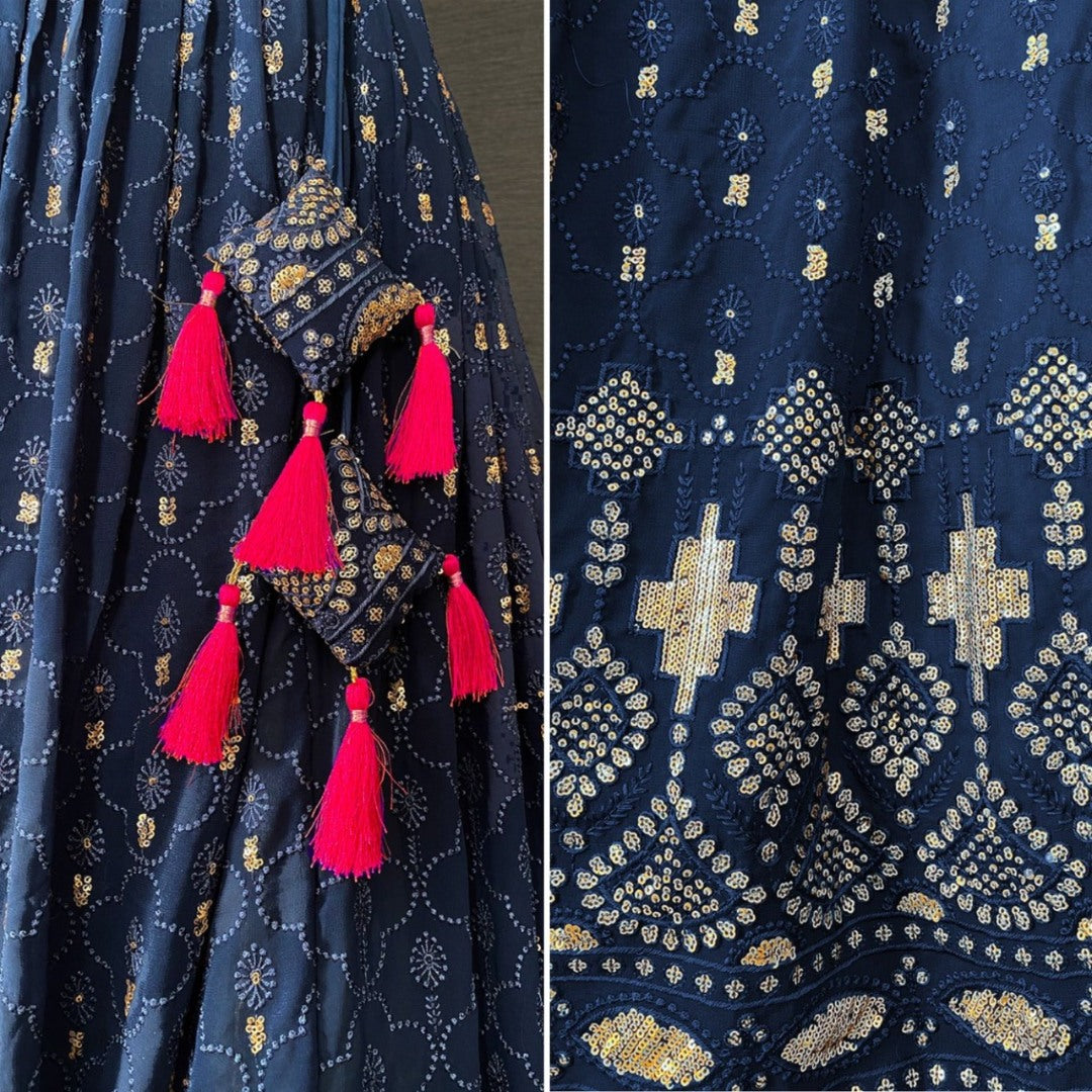 Navy blue georgette heavy thread sequence embroidery work lehenga choli