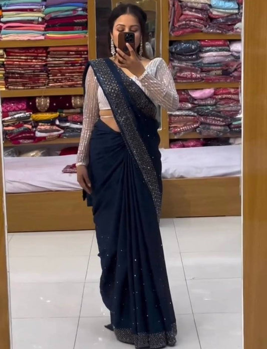 Navy blue georgette hot fix work saree