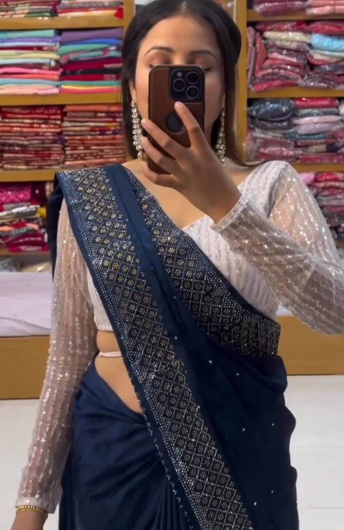 Navy blue georgette hot fix work saree