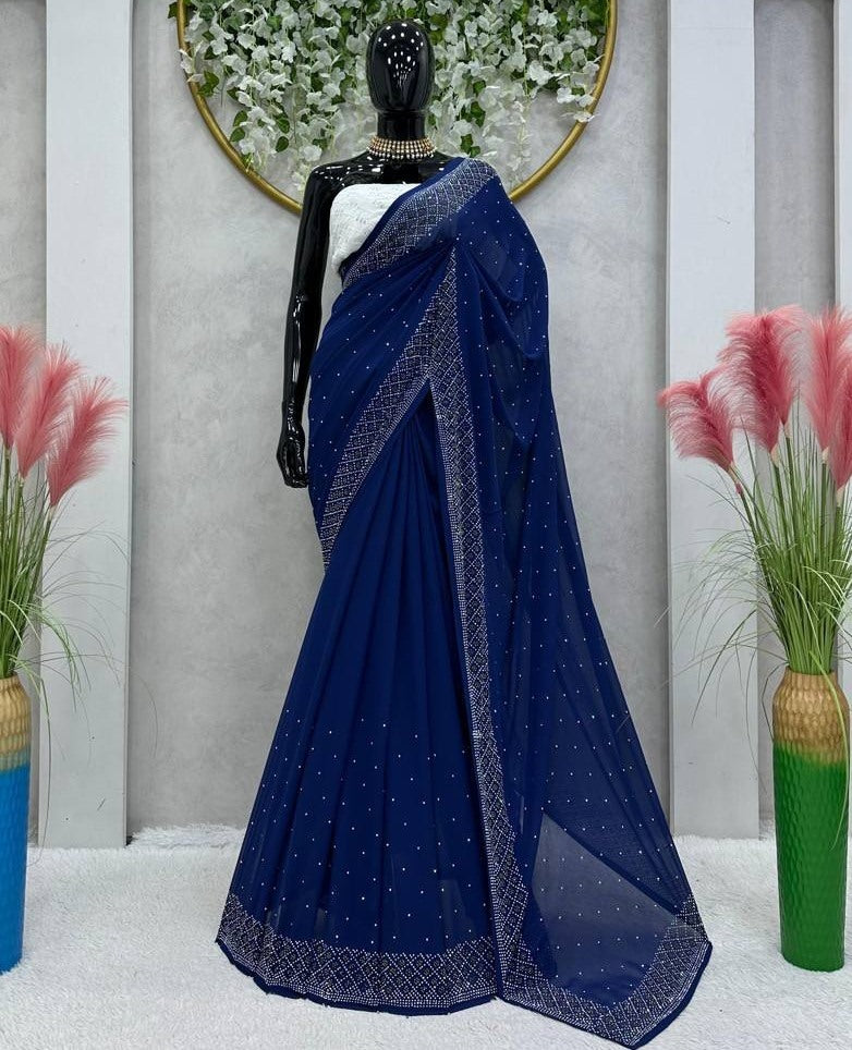 Navy blue georgette hot fix work saree