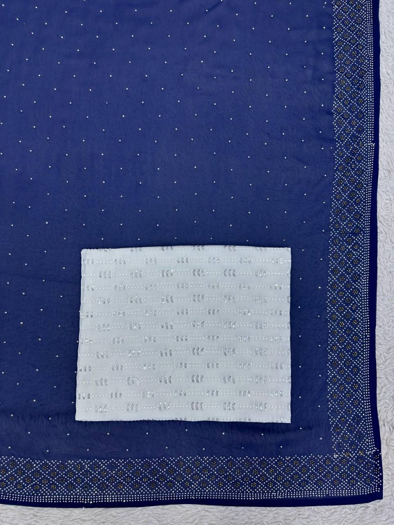 Navy blue georgette hot fix work saree