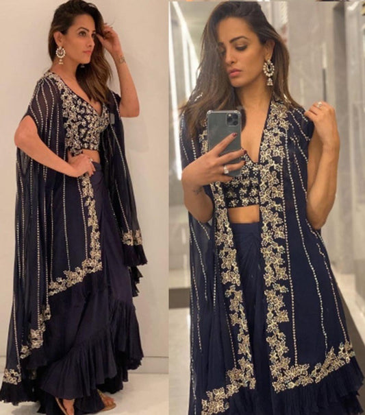Navy blue georgette indowestern lehenga choli with shrug