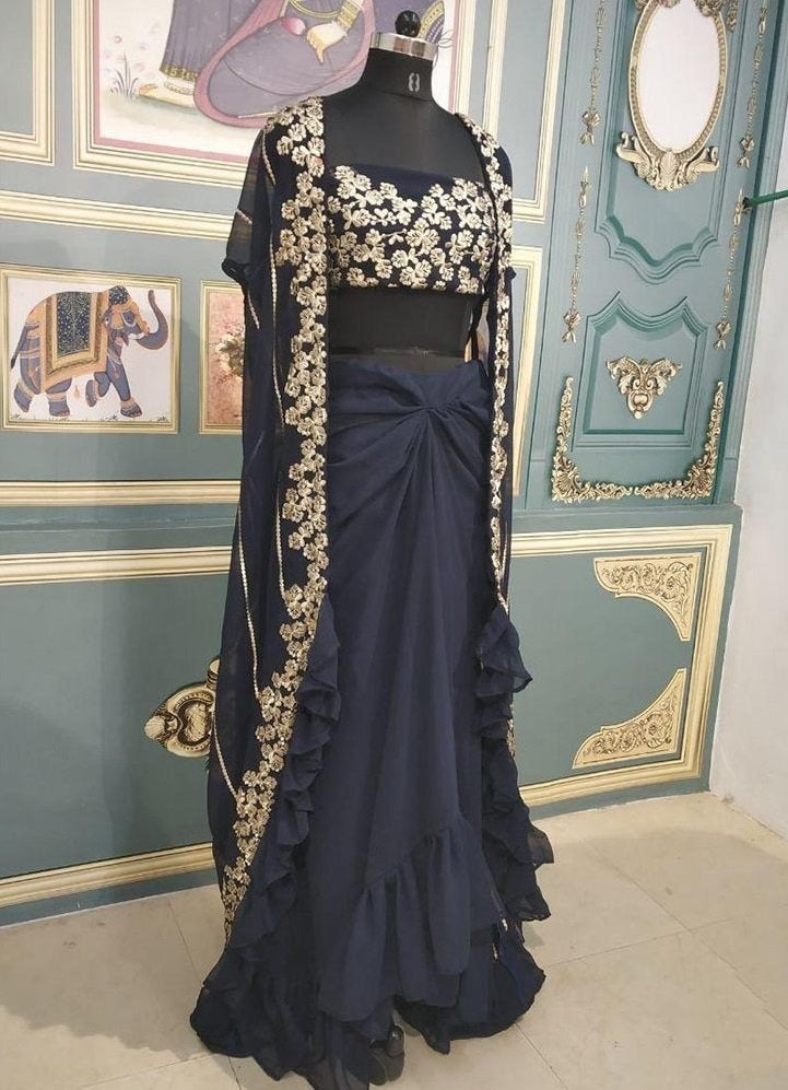Navy blue georgette indowestern lehenga choli with shrug