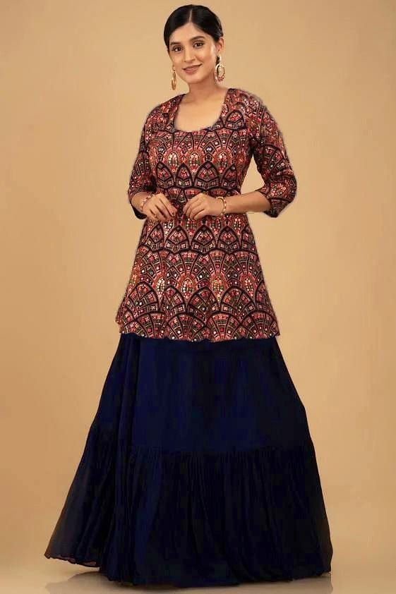 Navy blue georgette lehenga with heavy embroidered suit
