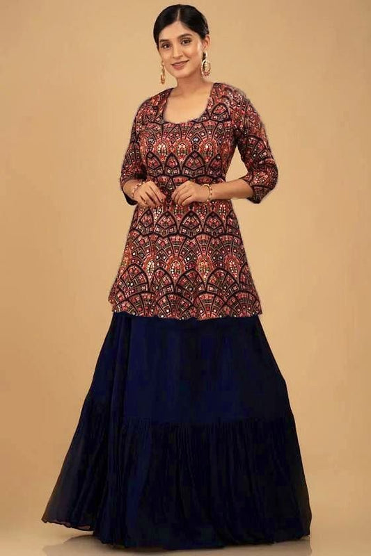 Navy blue georgette lehenga with heavy embroidered suit