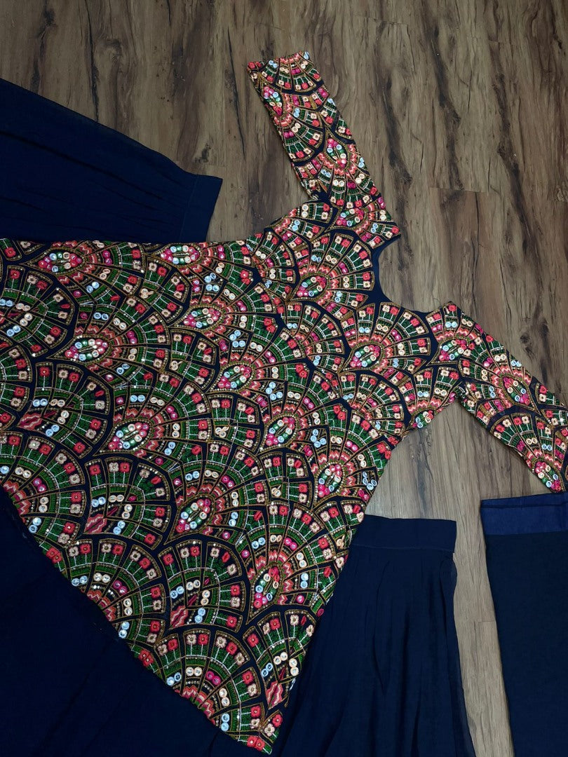 Navy blue georgette lehenga with heavy embroidered suit