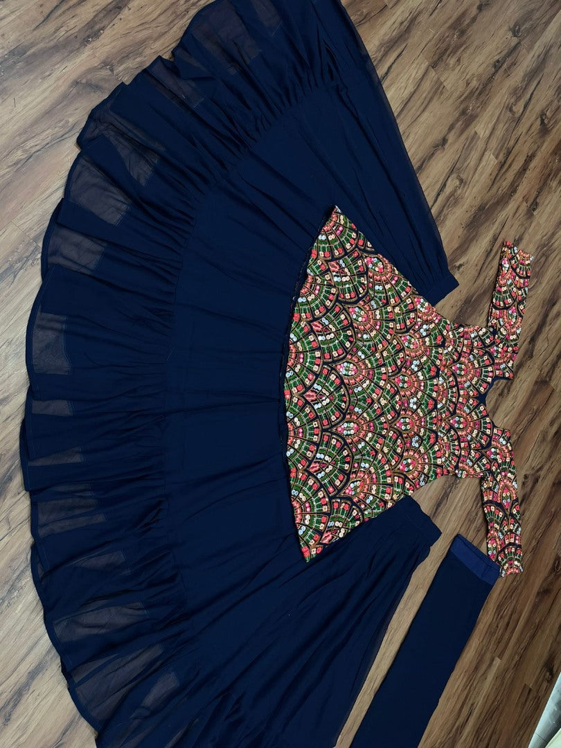 Navy blue georgette lehenga with heavy embroidered suit