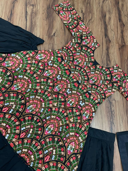 Navy blue georgette lehenga with heavy embroidered suit