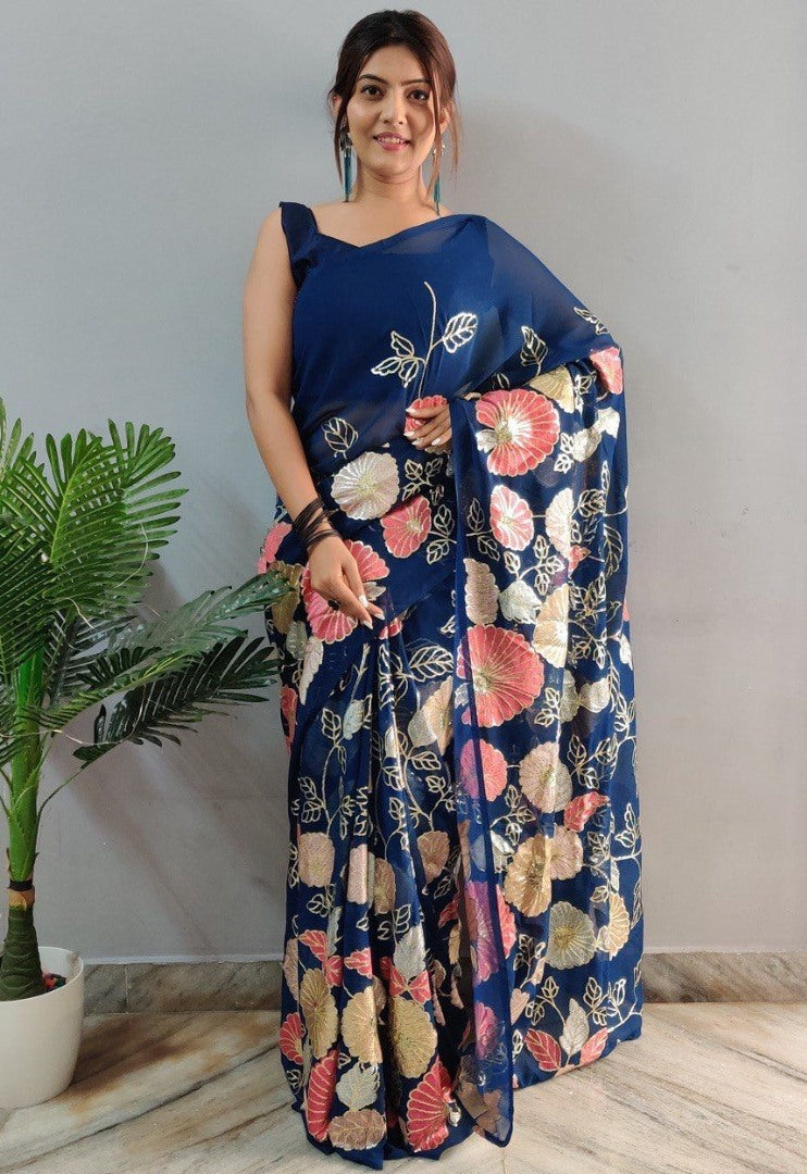 Navy blue georgette multi embroidered saree
