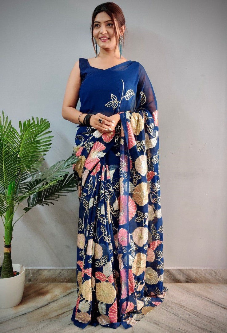 Navy blue georgette multi embroidered saree