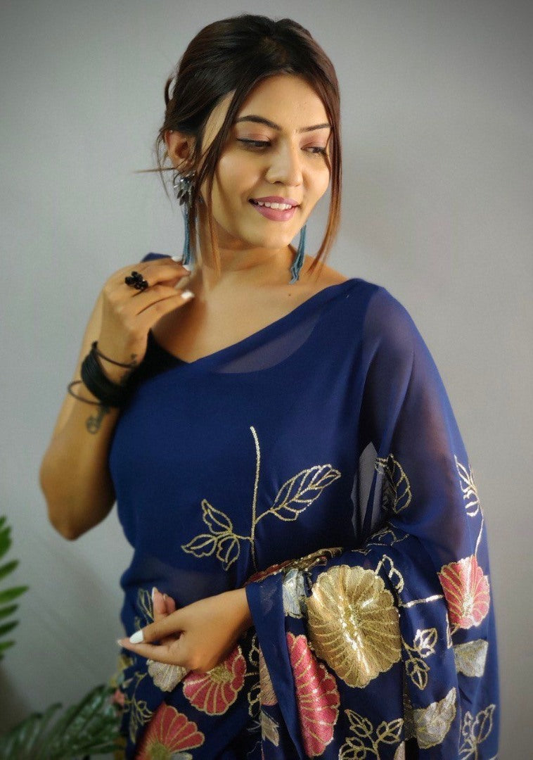 Navy blue georgette multi embroidered saree