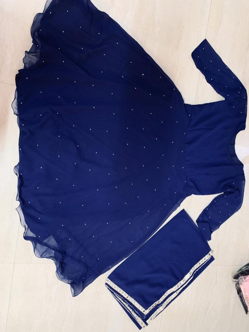 Navy blue georgette pearl work anarkali suit
