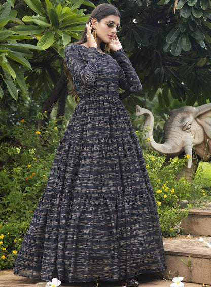 Navy blue georgette printed party wear anarkali gown