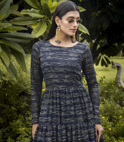 Navy blue georgette printed party wear anarkali gown