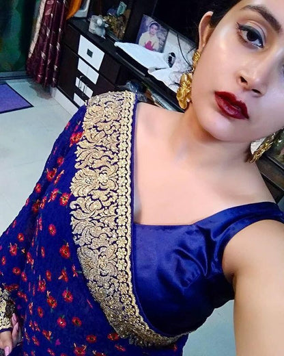 navy blue georgette printed partywear saree with embroidered lace