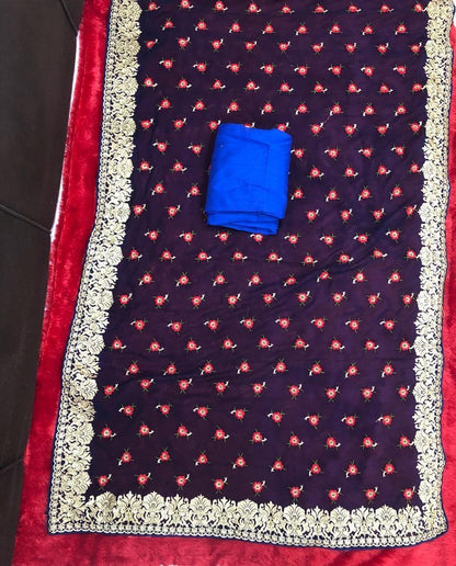 navy blue georgette printed partywear saree with embroidered lace