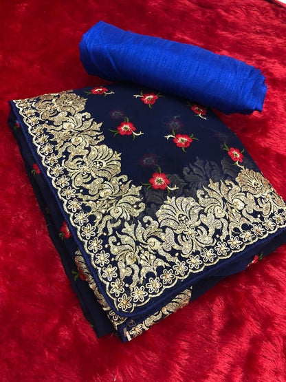 navy blue georgette printed partywear saree with embroidered lace
