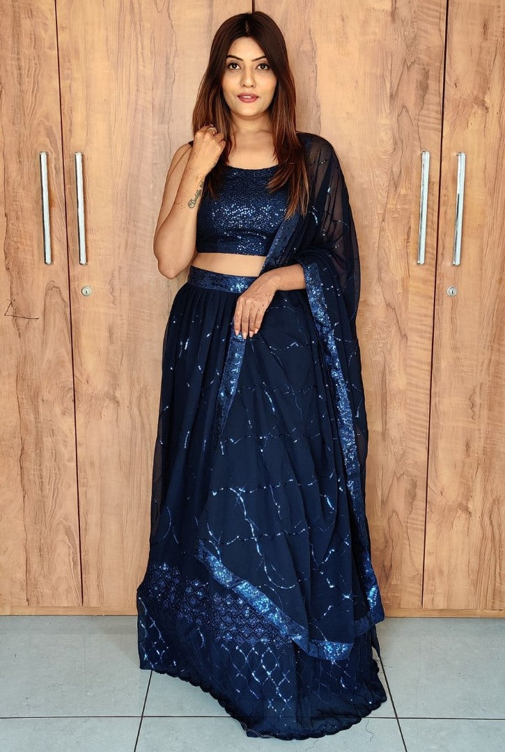 Navy blue georgette sequence embroidered lehenga choli