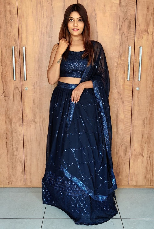 Navy blue georgette sequence embroidered lehenga choli