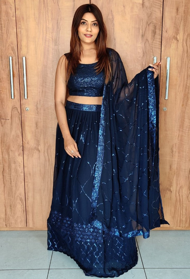 Navy blue georgette sequence embroidered lehenga choli