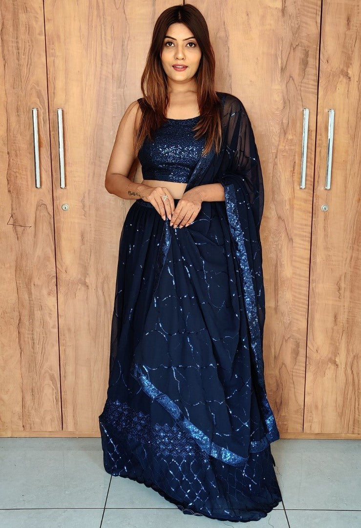 Navy blue georgette sequence embroidered lehenga choli
