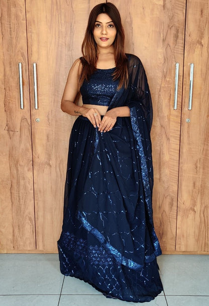 Navy blue georgette sequence embroidered lehenga choli