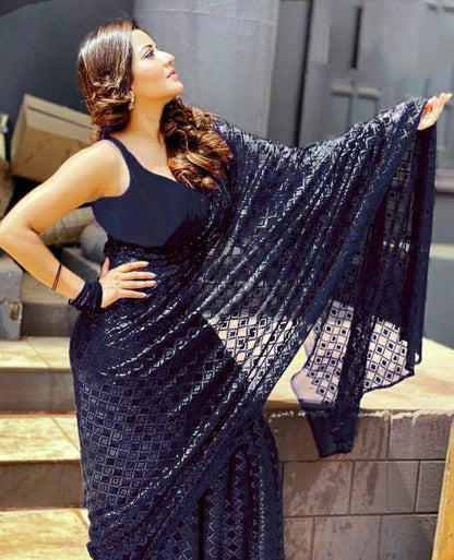 Navy blue georgette sequence embroidery partywear saree