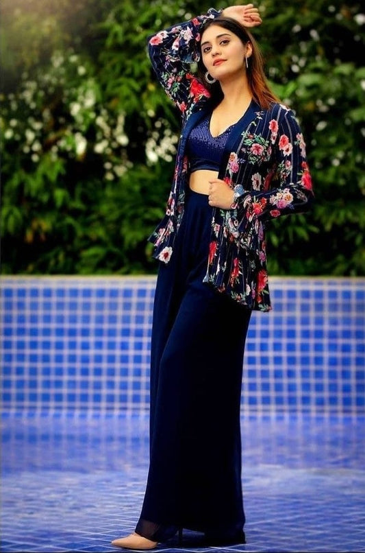 Navy blue georgette sequence work plazzo suit with printed koti