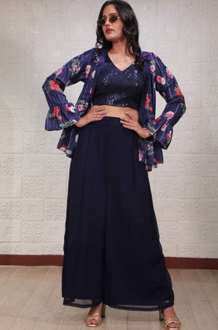 Navy blue georgette sequence work plazzo suit with printed koti