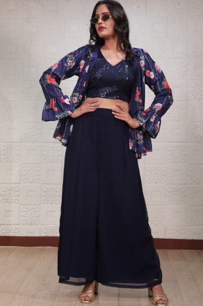 Navy blue georgette sequence work plazzo suit with printed koti