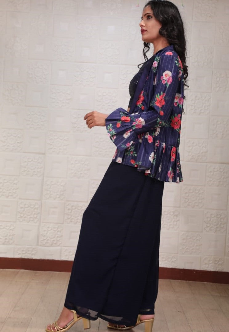 Navy blue georgette sequence work plazzo suit with printed koti