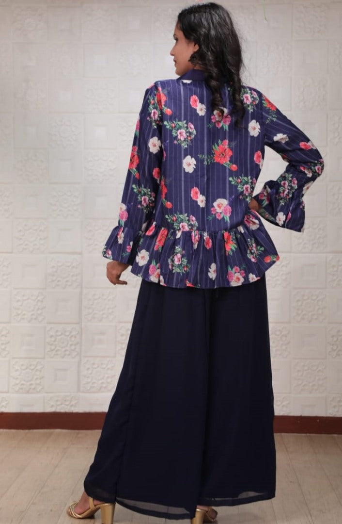 Navy blue georgette sequence work plazzo suit with printed koti