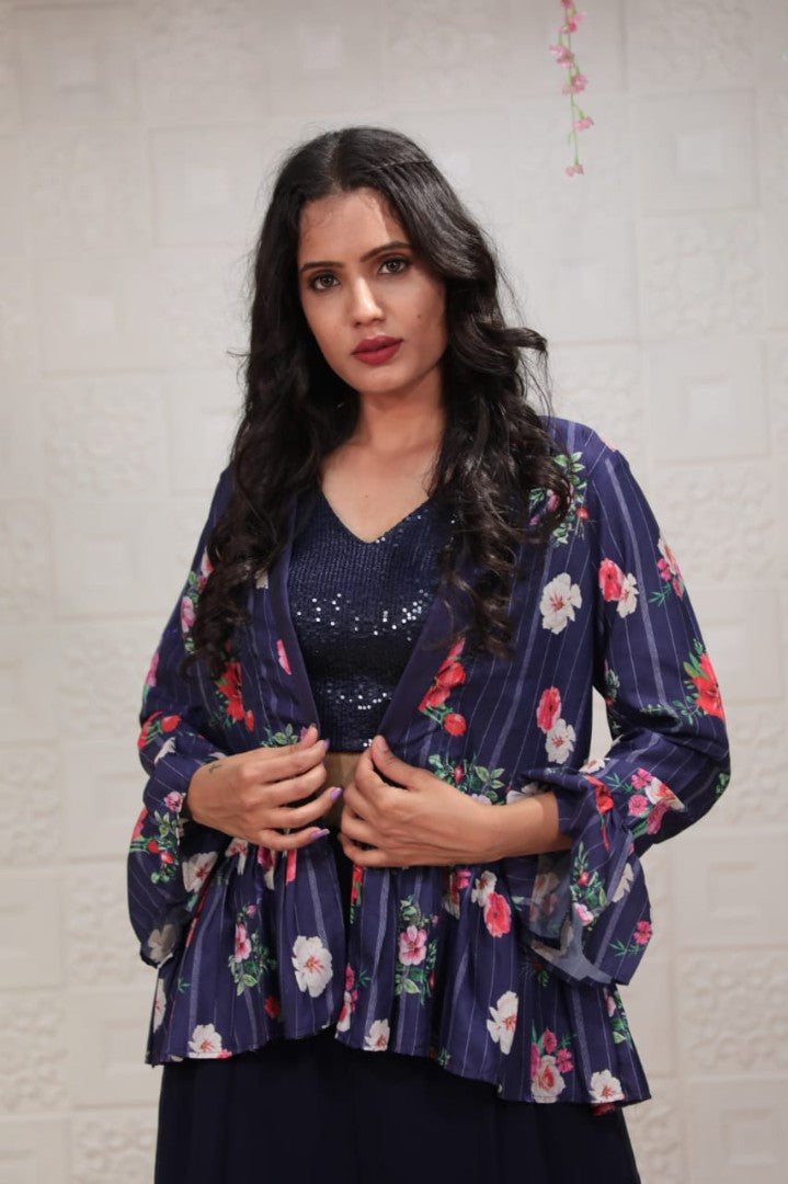 Navy blue georgette sequence work plazzo suit with printed koti