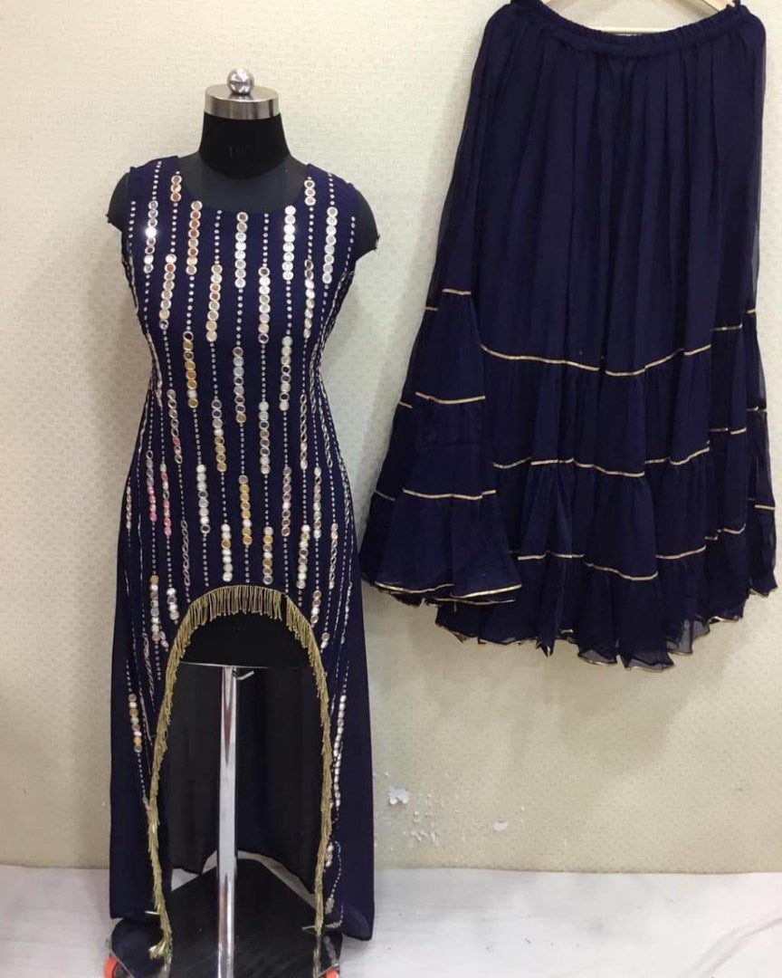 navy blue georgette thread and mirror worked designer sharara salwar suit