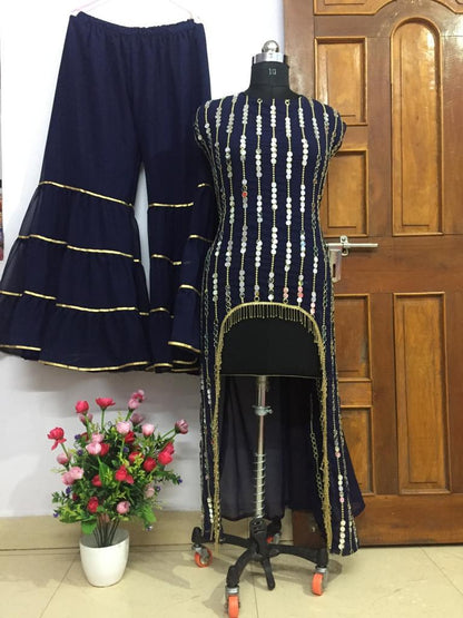 navy blue georgette thread and mirror worked designer sharara salwar suit