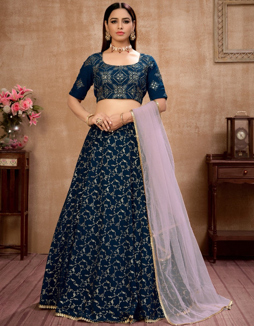 Navy blue georgette thread embroidered work ceremonial lehenga choli