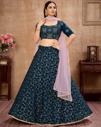 Navy blue georgette thread embroidered work ceremonial lehenga choli